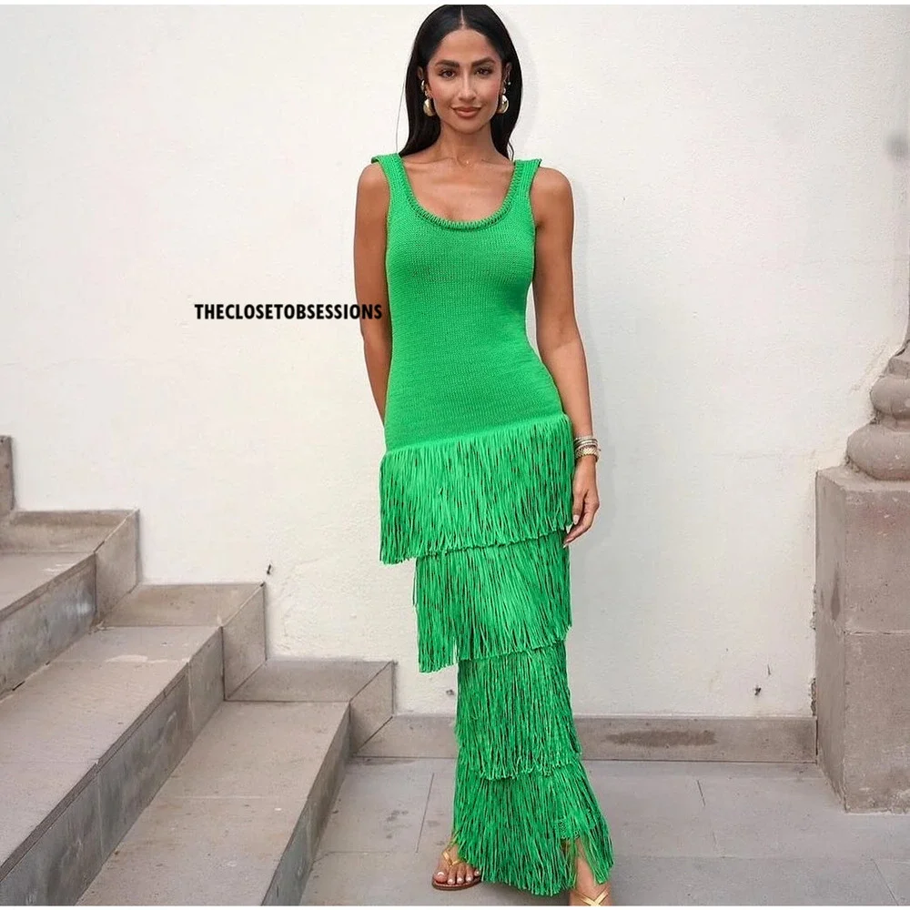 Mango Bright Green Tiered Fringe Maxi Dress - Picture 9 of 16